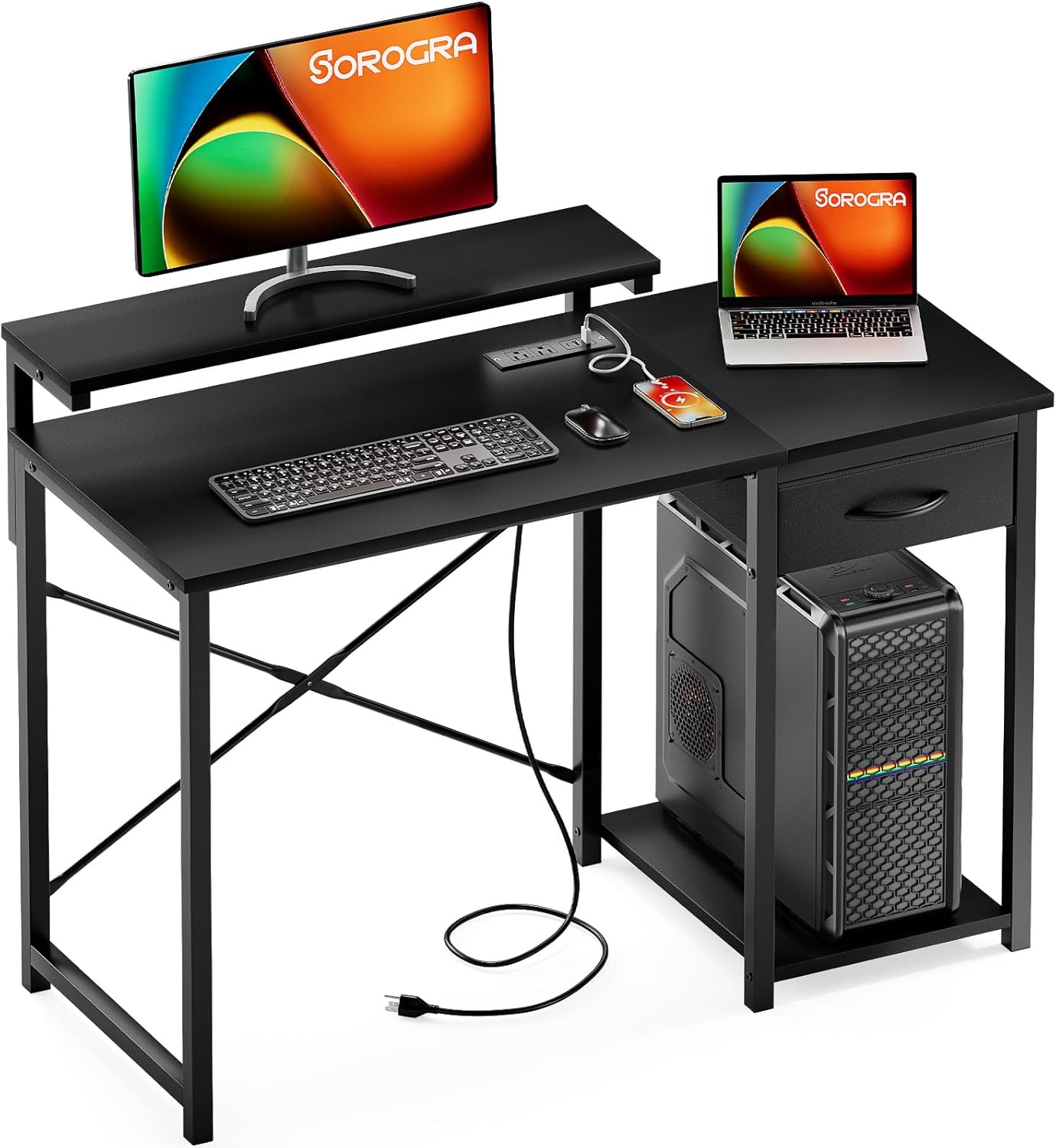 Computer Desk with Adjustable Monitor Stand, 47.2 in Small Desk with Reversible Storage Shelves, Office Desk with Spacious Desktop Spaces for Home Bedroom Workstation, Black