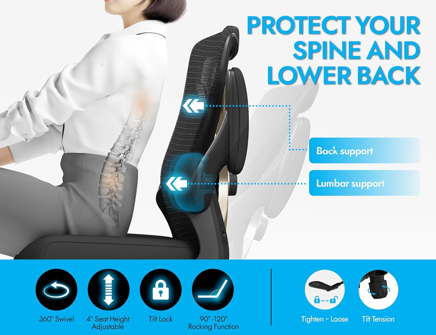 Ergonomic Office Chair - X-Shaped Computer Desk Chair Comfy, Gaming Chair, Office Chair with Lumbar Support, Mesh Office Chairs, Desk Chair for Long Hours(Black Gold)