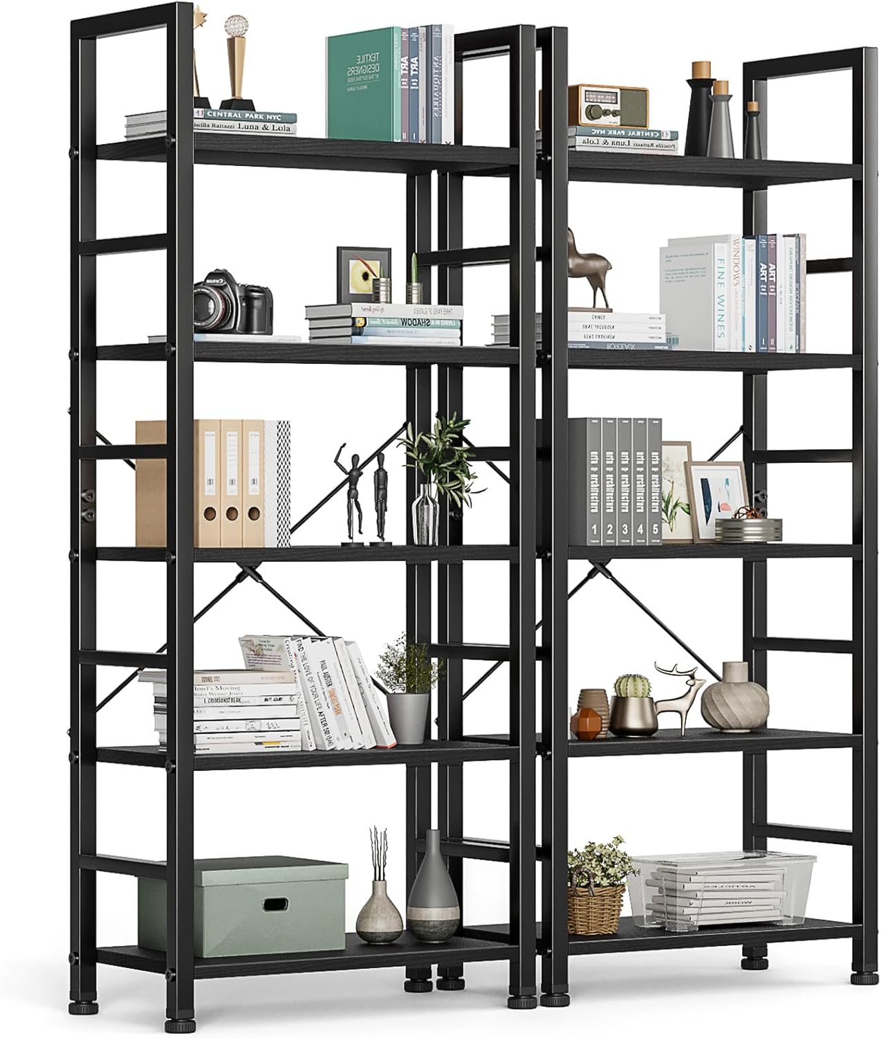 DUMOS 5 Tier Book Shelf Tall Modern Bookcase Set of 2 for Books, CDs, Movies, Storage and Organization Bookshelf Industrial Home Decor for Bedroom Office Kitchen Living Room, Black