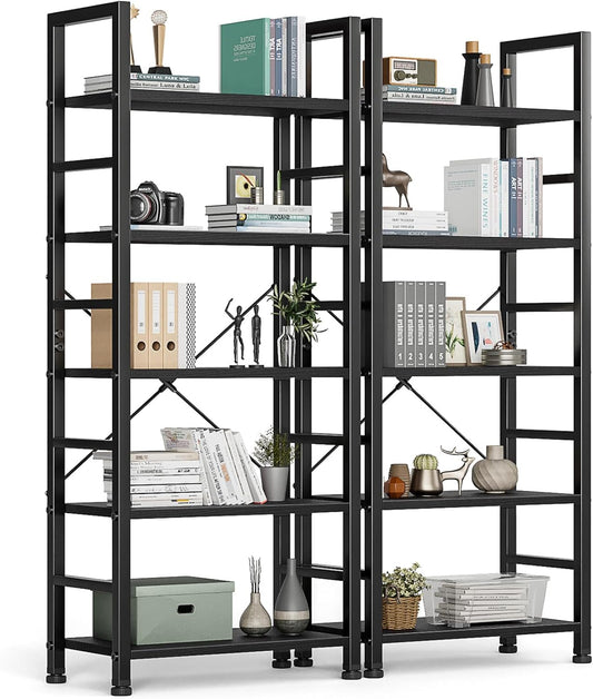 DUMOS 5 Tier Book Shelf Tall Modern Bookcase Set of 2 for Books, CDs, Movies, Storage and Organization Bookshelf Industrial Home Decor for Bedroom Office Kitchen Living Room, Black