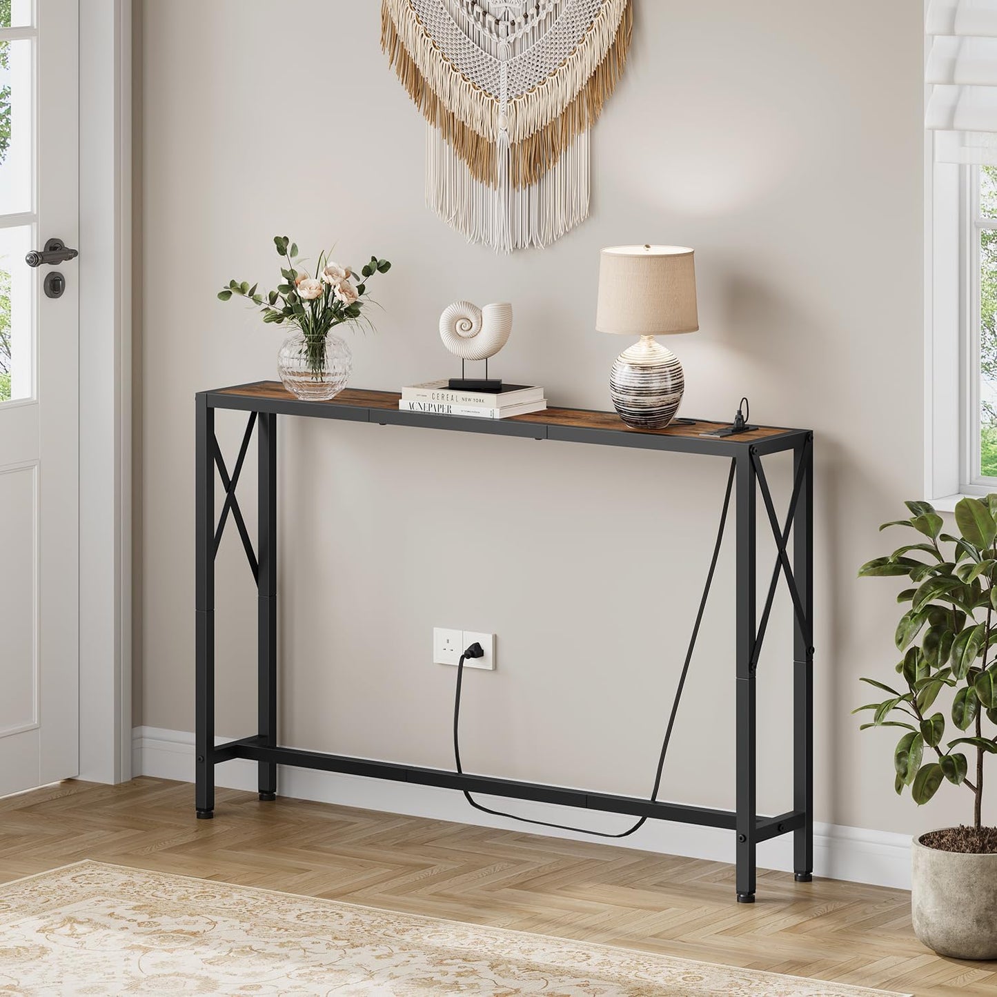 41.8" Console Table, Narrow Behind The Couch Table with Outlet, Industrial Skinny Stand for Hallway, Entryway, Living Room, Bedroom, 6.5 Feet Power Cord,Rustic Brown