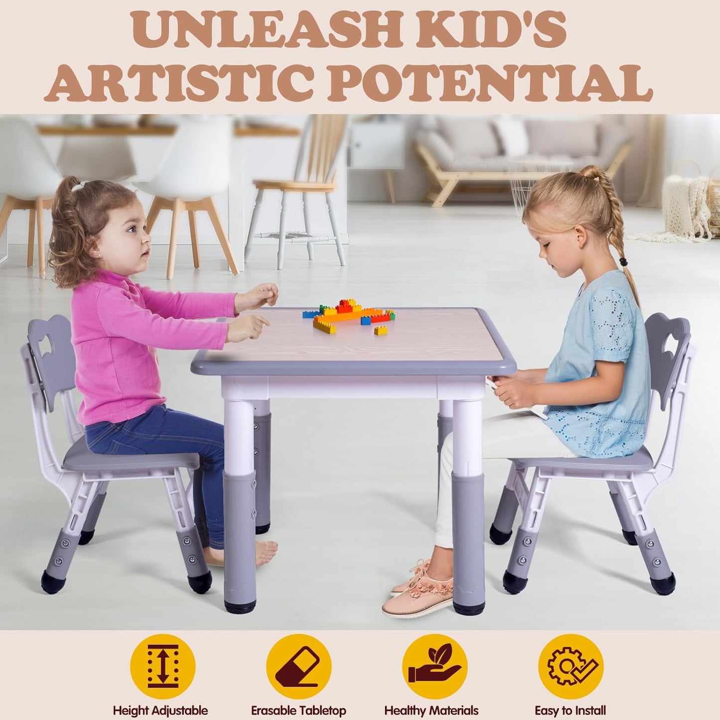 Kids Table and 2 Chairs Set, Height Adjustable Toddler Study Table and Chair Set, Kid Size for Ages 3-8 Children, Graffiti Desktop, Easy to Wipe/Arts & Crafts, Homes/Classrooms/Daycare (Grey)