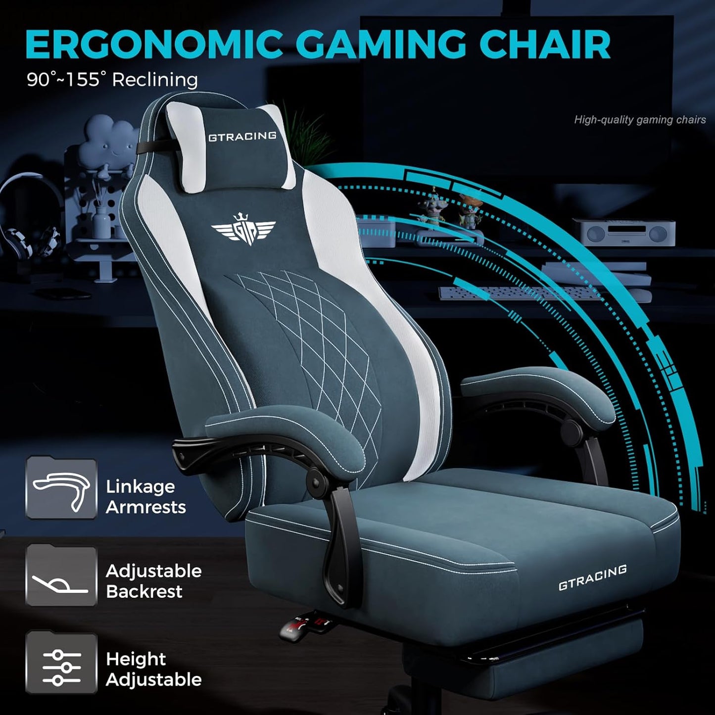 GTPLAYER Big and Tall Gaming Chair Breathable Fabric Computer Chair with Strong Lumbar Support, Comfortable Office Chairs with Pocket Spring Cushion, High Back Ergonomic Desk Chairs with Footrest