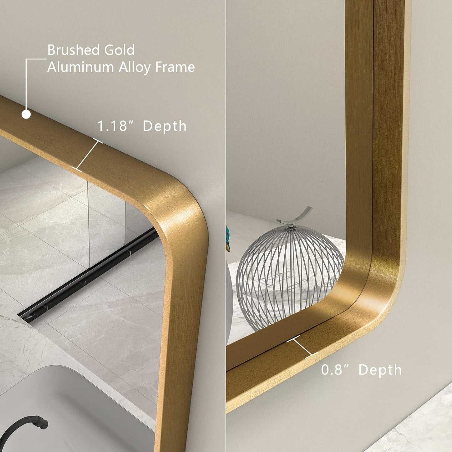 16x24 Gold Bathroom Mirror, Rounded Rectangle Gold Framed Mirror, Brushed Gold Brass Bathroom Vanity Mirror, Anti-Rust, Hangs Horizontally or Vertically