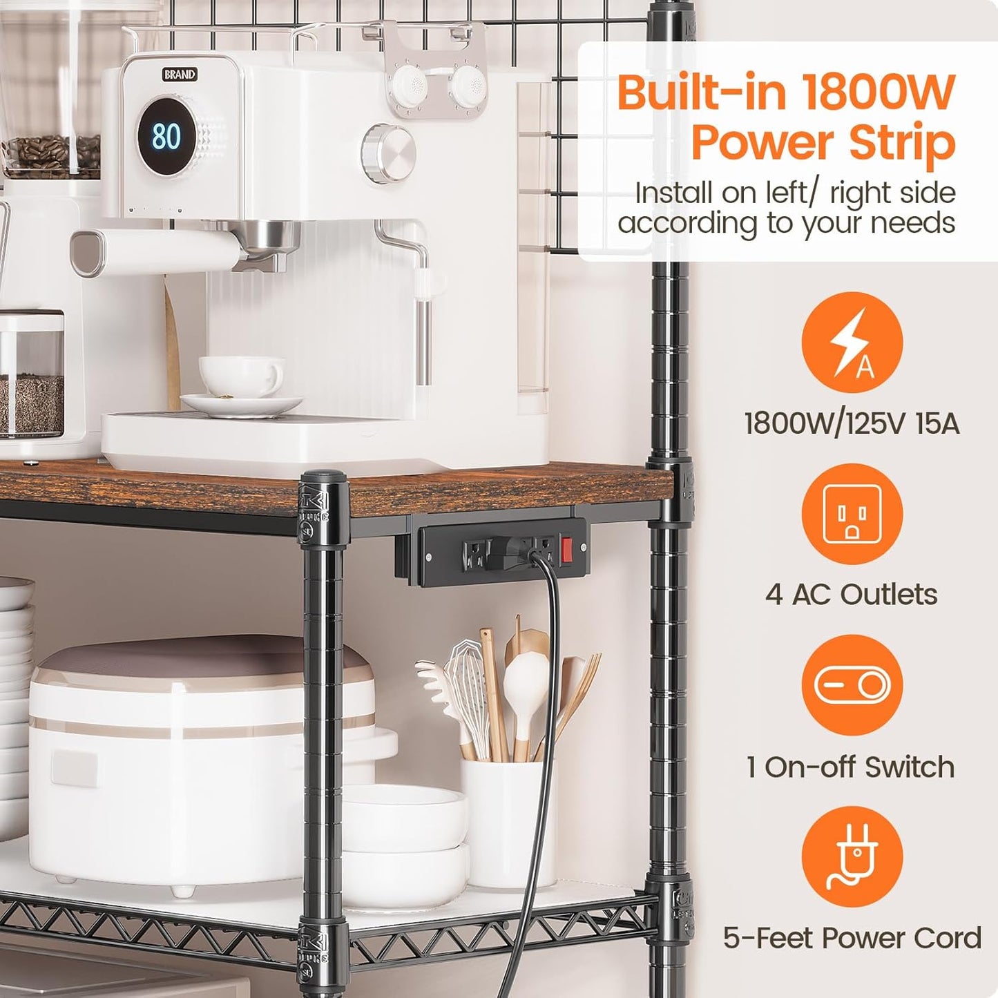 Leteuke Bakers Rack with Power Outlet & Storage, 36 Inch Microwave Stand Kitchen Cart, 4-Tier Metal Kitchen Shelves Cart with Wheels & 20 S-Hooks for Kitchen, NSF Certified, 63 x 18 x 36 Inch-Black