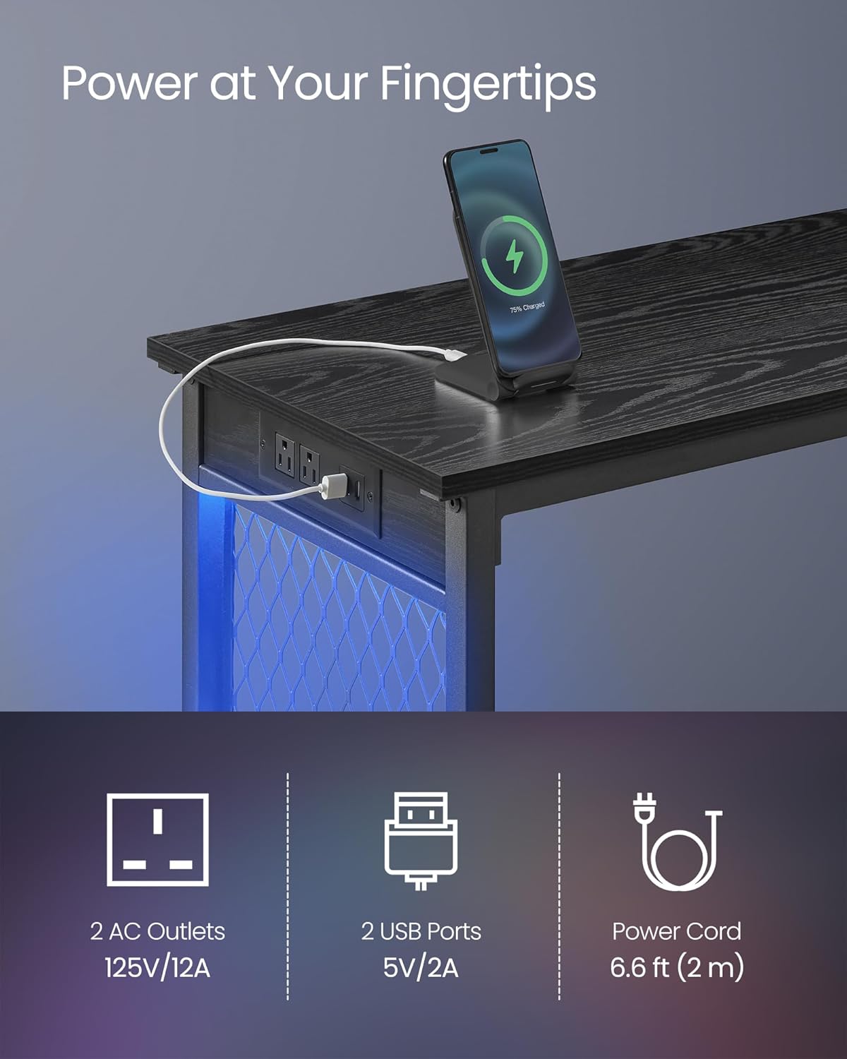 VASAGLE Bar Table with Power Outlets, 47.2 Inches LED Lights Narrow Tall Pub Table, Counter Height Console Desk, Mesh Panels and Metal Frame, for Kitchen, Entryway, Ebony Black and Matte Black