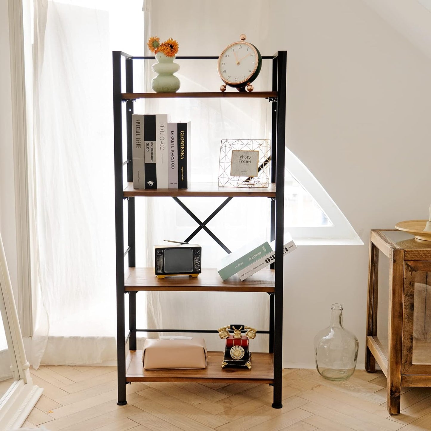 Crofy Rustic Bookshelf, 4 Tier Real Wood Bookshelf, Metal Book Shelf for Storage, Black Bookcase, 12.6" D x 23.62" W x 50.39" H