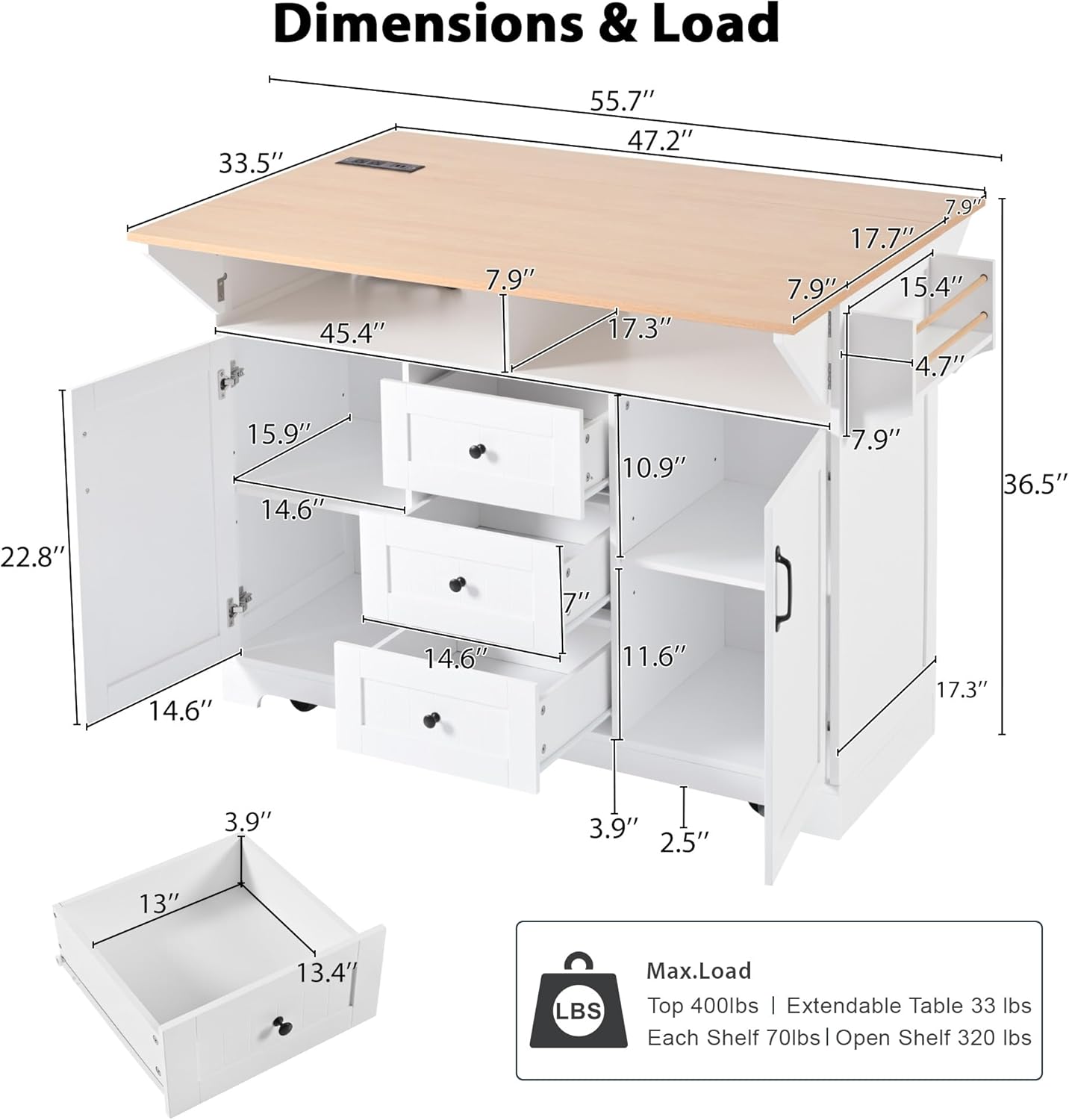 56" Large Kitchen Island with 2 Drop Leafs,Rolling Kitchen Cart on 5 Wheels W/Power Outlet & 3 Drawers,Folding Storage Dining Table W/Spice & Towel Racks,for Kitchen,Dining Room,White