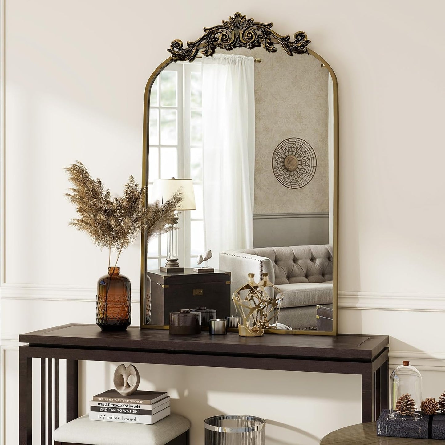 Vintage Arched Bathroom Mirror, 24x36 Inch Retro Wall Mounted Vanity Mirror with Carved Pattern Top and Metal Frame, Antique Decorative Mirror for Hanging or Leaning