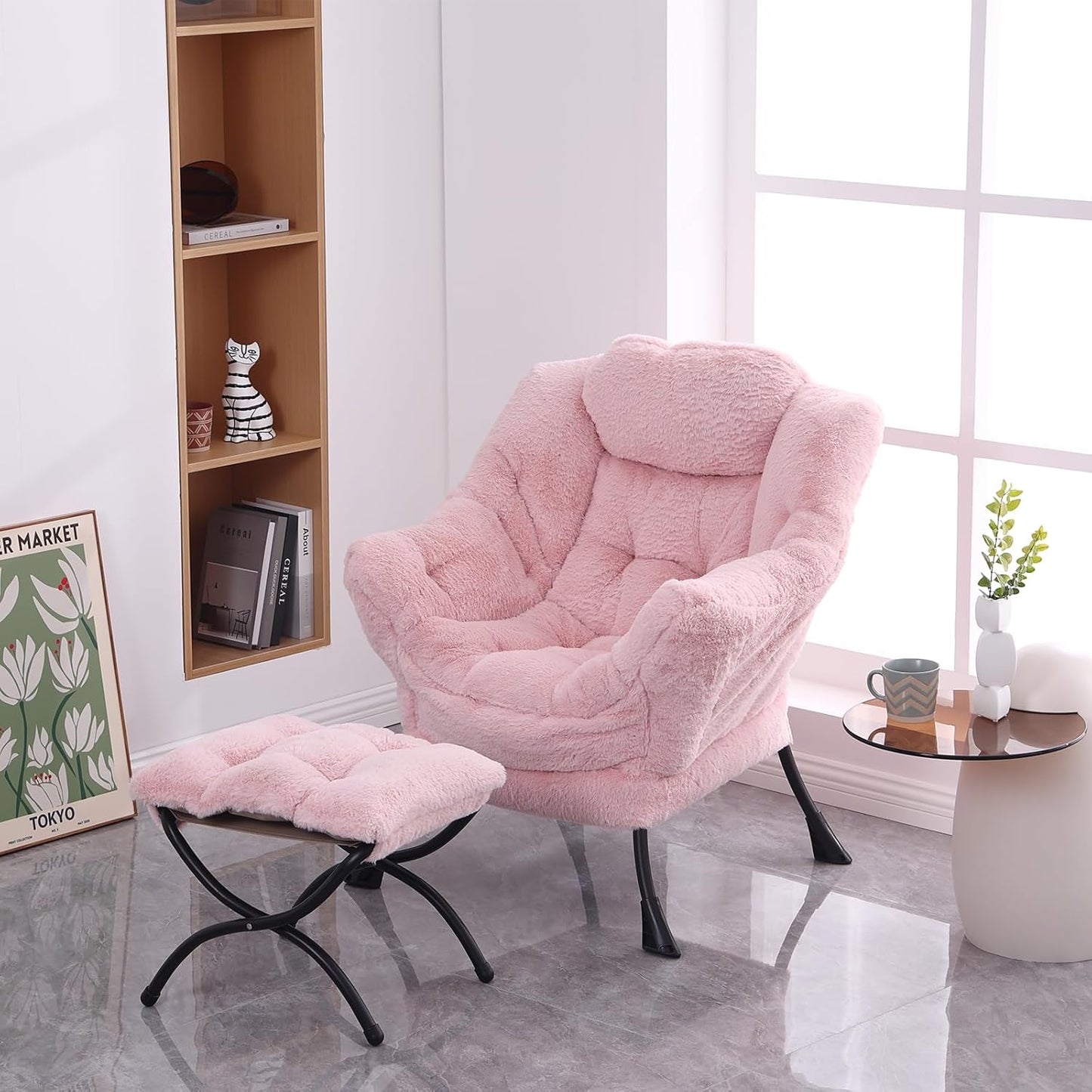 Lazy Chair with Folding Ottoman, Modern Accent Lounge Armchair with Armrests and a Side Pocket & Foldable Footstool, Leisure Reading Chair for Living Room, Bedroom, Dorm & Office, Plush Pink