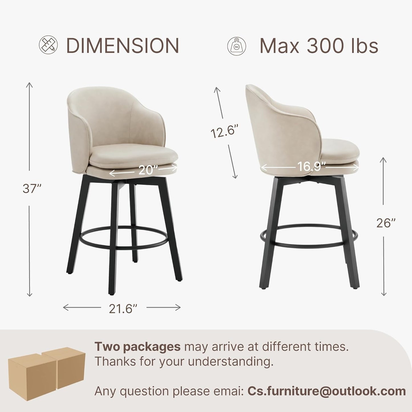 Counter Height Barstools 26 inch Upholstered Swivel Bar Stools with Back and Wood Legs for Kitchen Island,Set of 4,Beige PU Leather