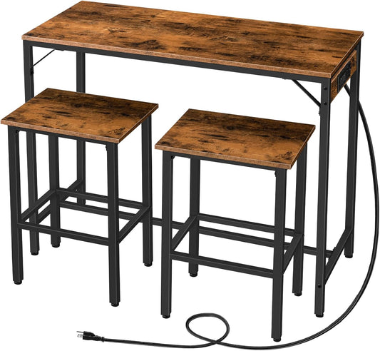 HOOBRO Bar Table and Chairs Set, 39.4" Dining Table Set with Power Outlet, 3-Piece Pub Table Set, Kitchen Bar Height Table with Stools of 2, Space Saving for Living Room, Rustic Brown BF45UBT01