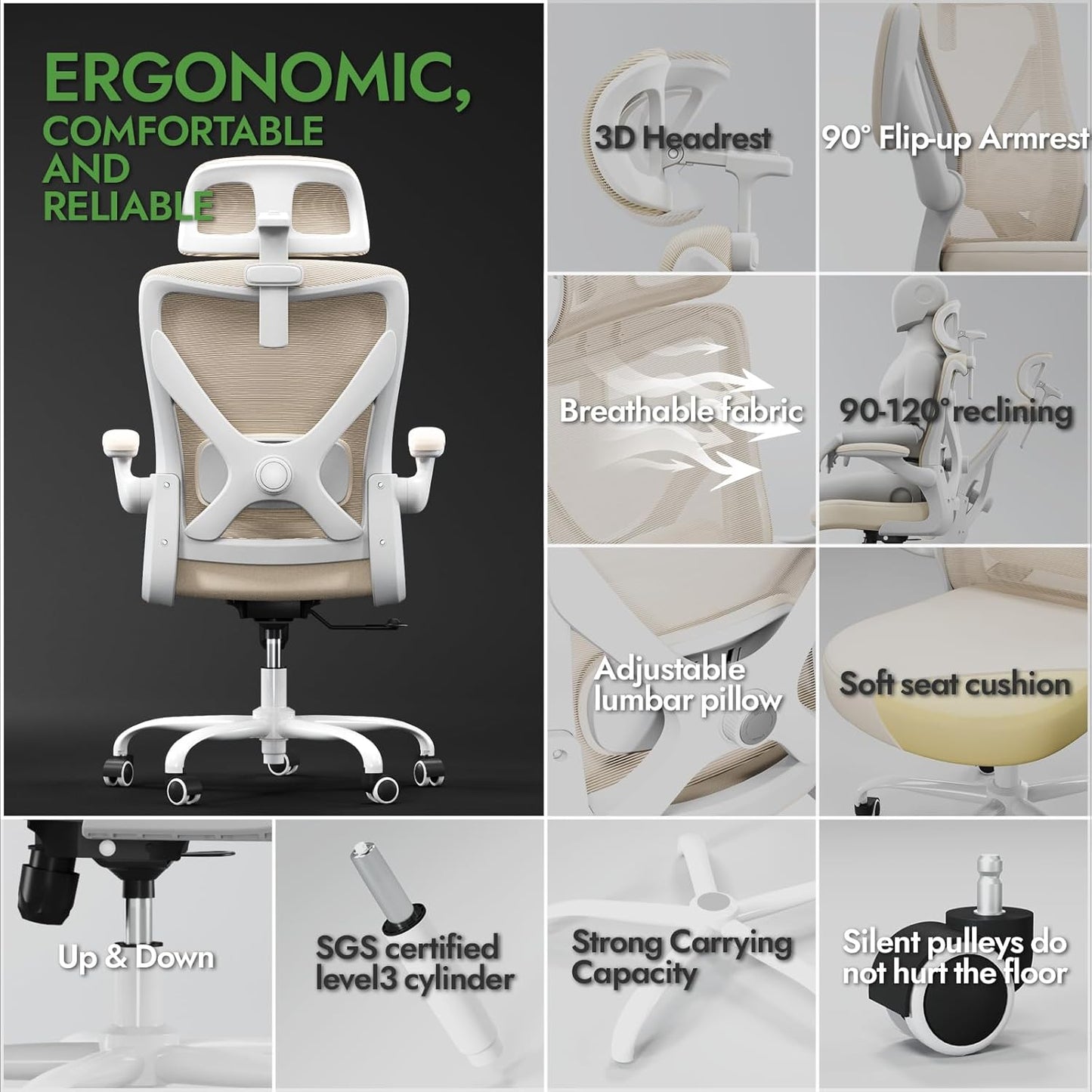Ergonomic Office Chair - X-Shaped Computer Desk Chair Comfy, Gaming Chair, Office Chair with Lumbar Support, Mesh Office Chairs with Headrests, Desk Chair for Long Hours (White Beige)