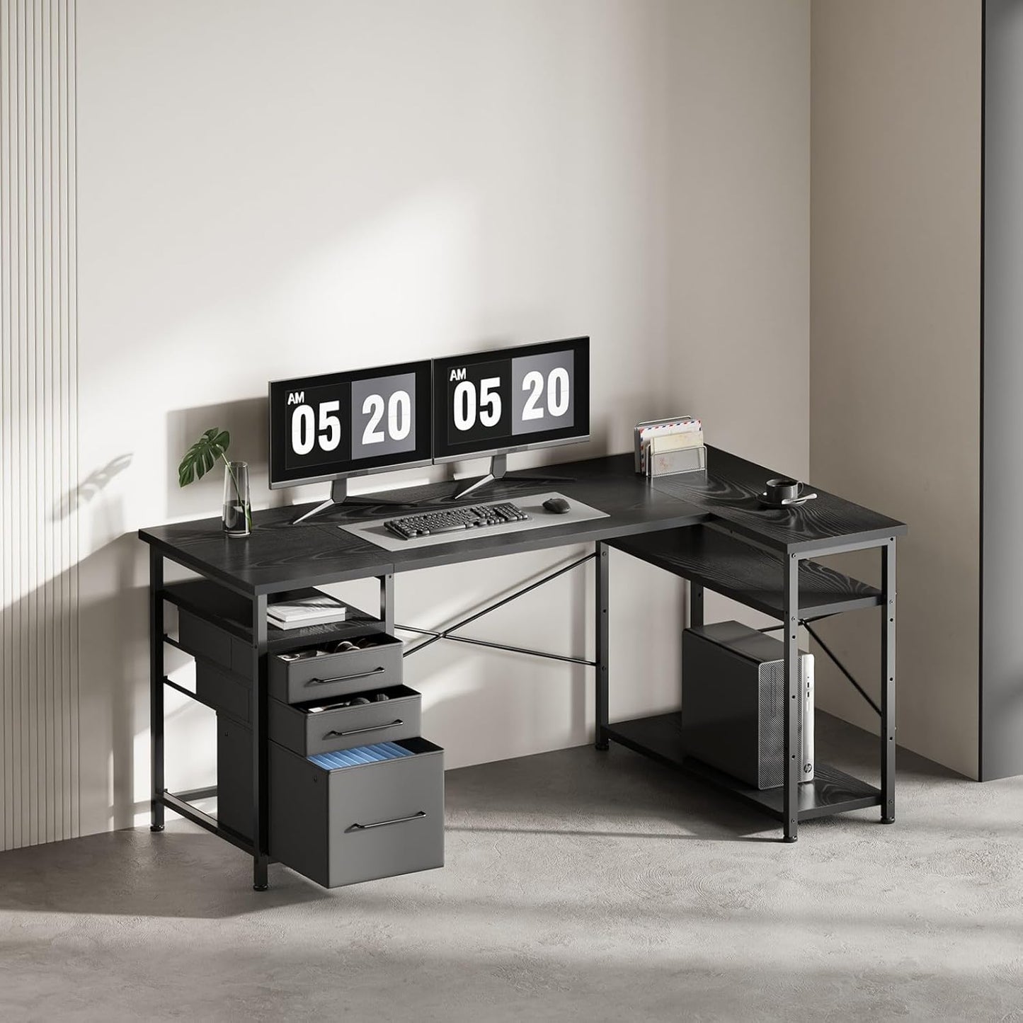 55" Computer Desk with Drawers, Desks for Bedrooms, Writing Desk with Storage, Work Desk for Small Space, Black