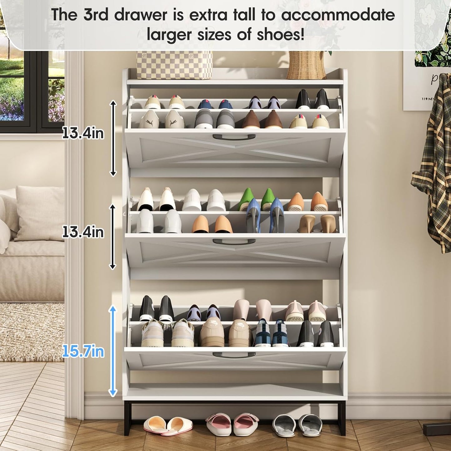 Maupvit Shoe Storage Cabinet with 3 Flip Drawers, Freestanding Organizer with Metal Legs for Entryway, Narrow Shoe Rack Cabinet, White