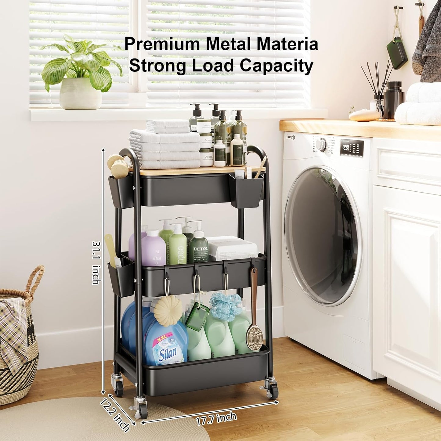 3 Tier Metal Rolling Cart with Wheels and Wooden Table Top, Three Tiered Craft Cart Organizer on Wheels, Black Storage Utility Carts for Art, Diaper Caddy, Baby Nursery, Office, Laundry, Snack, Book