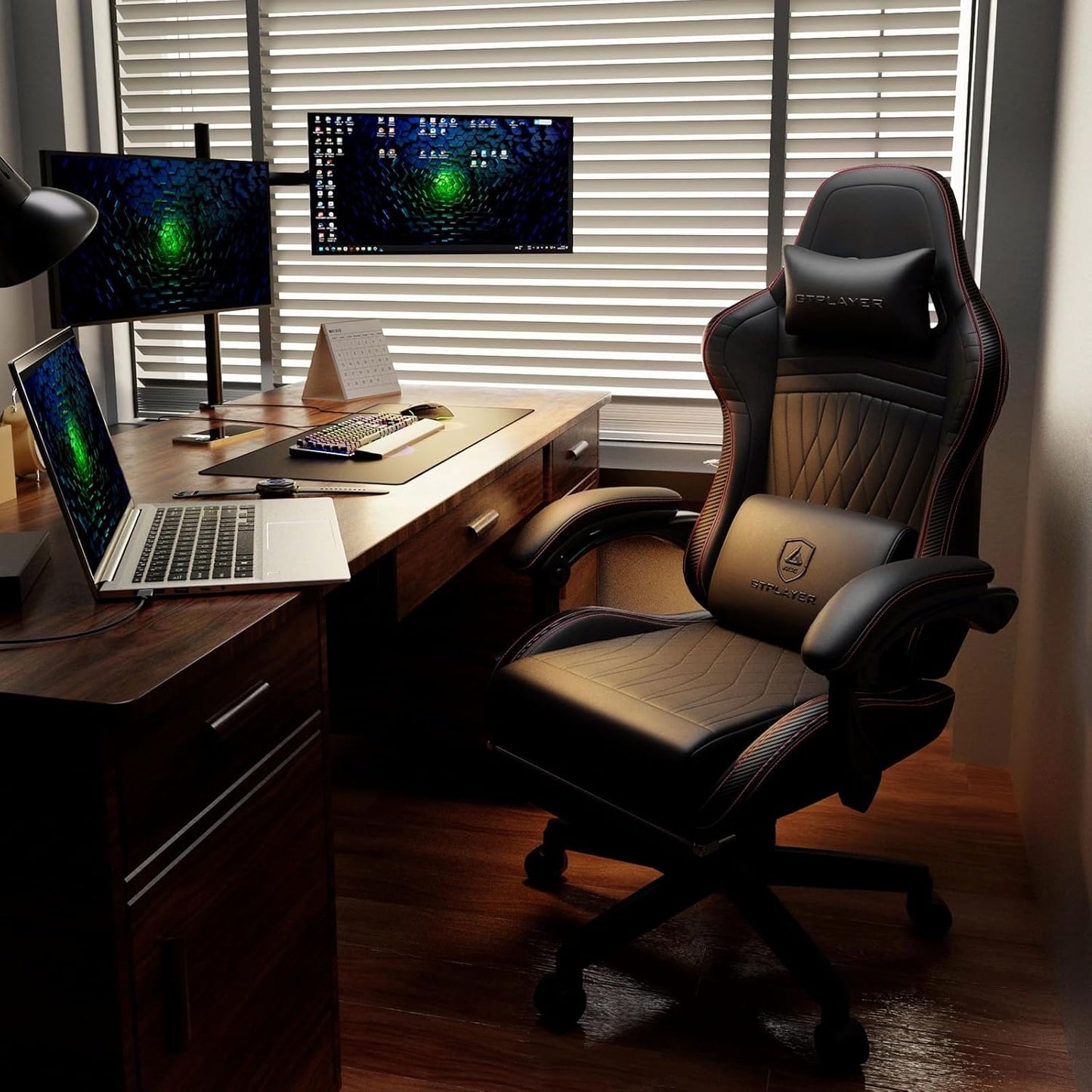 GTPLAYER ACE-PRO Music Gaming Chairs – Built-in Speakers, App Support & Bluetooth Control, Footrest & Pocket, Gamer Chair for Adults, Black & Red Stitch