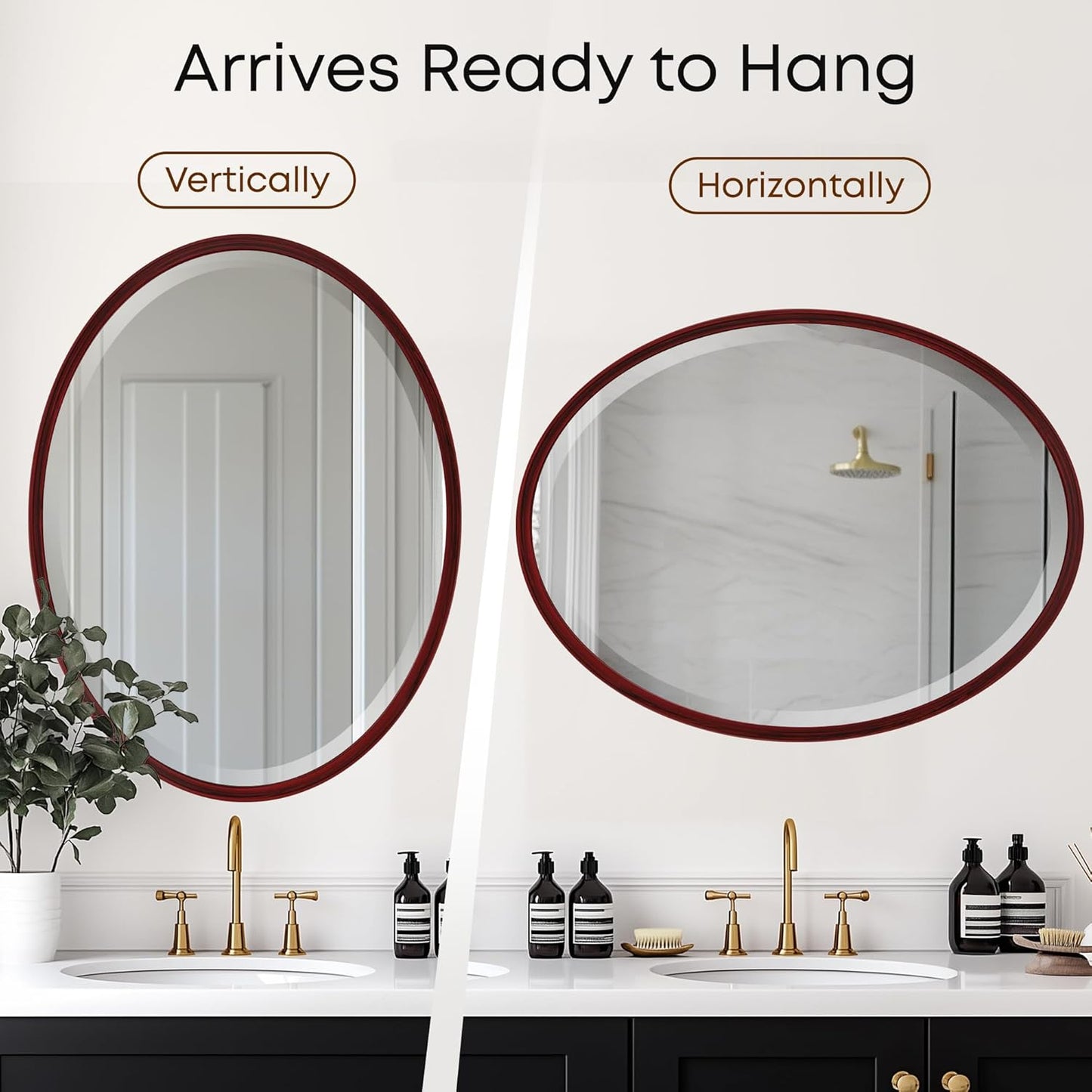 OVALCREST - Oval Wooden Beveled Wall Mirror for Home Decor, Bathroom, Vanity, Bedroom, Living Room, Hallway - London Style (Black Cherry) 19.1 x 25.1