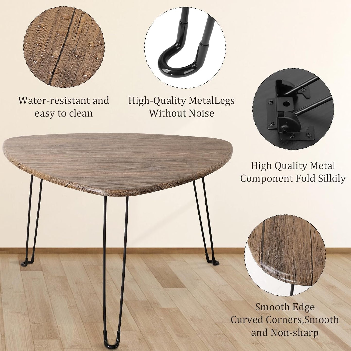 Folding Coffee Table for Living Room Small Wooden Folding Tables with Steel Legs Light Brown Triangle Coffee Table Mid Century Modern Floor Desk Low Table for Small Spaces Home Office