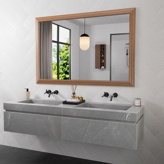Amorho 50 X36 Inch Bathroom Mirror for Over Sink, Walnut Wood Grain Metal Frame Wall Mirror, Anti-Rust, Hang Horizontally/Vertically, Suitable for Bedroom, Farmhouse, Bathroom, Decorative