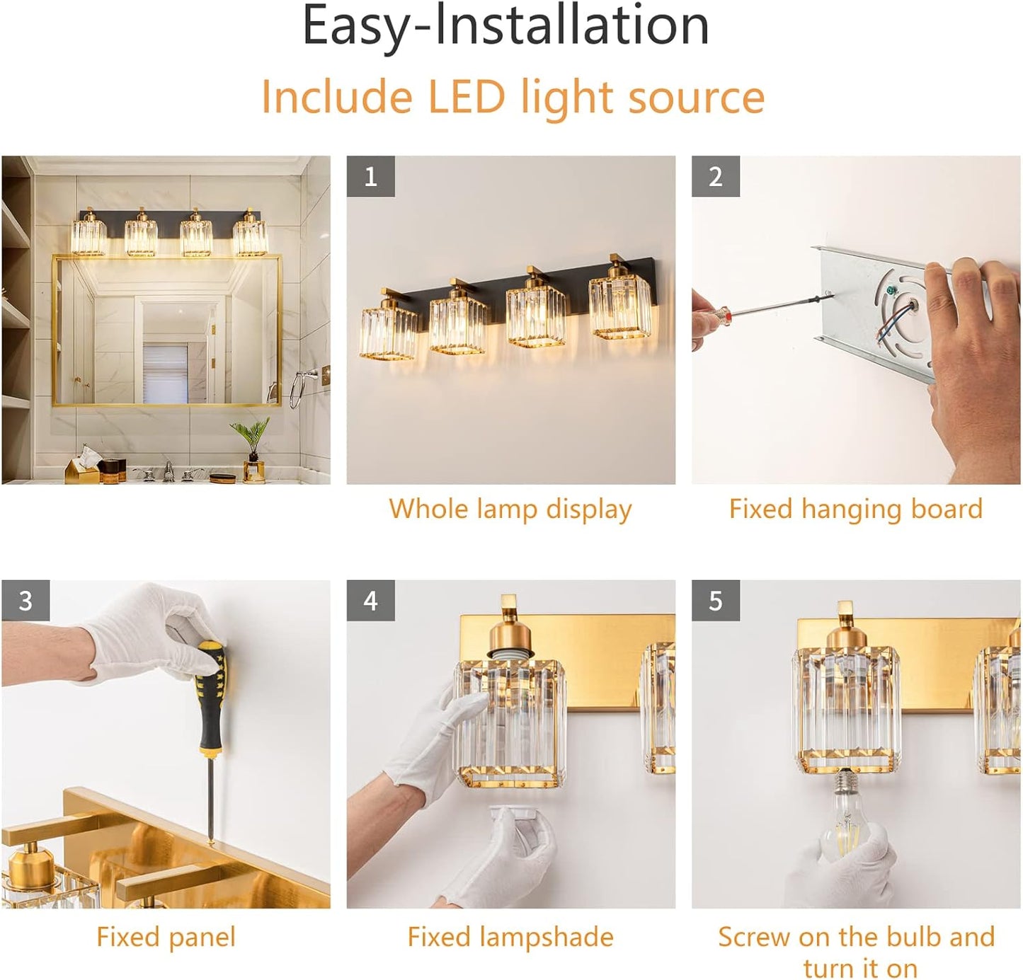 Modern Bathroom Vanity Light 4-Lights Black Gold Crystal Bathroom Wall Light Vanity Light Fixtures，28.34-inch Modern Minimalist Design