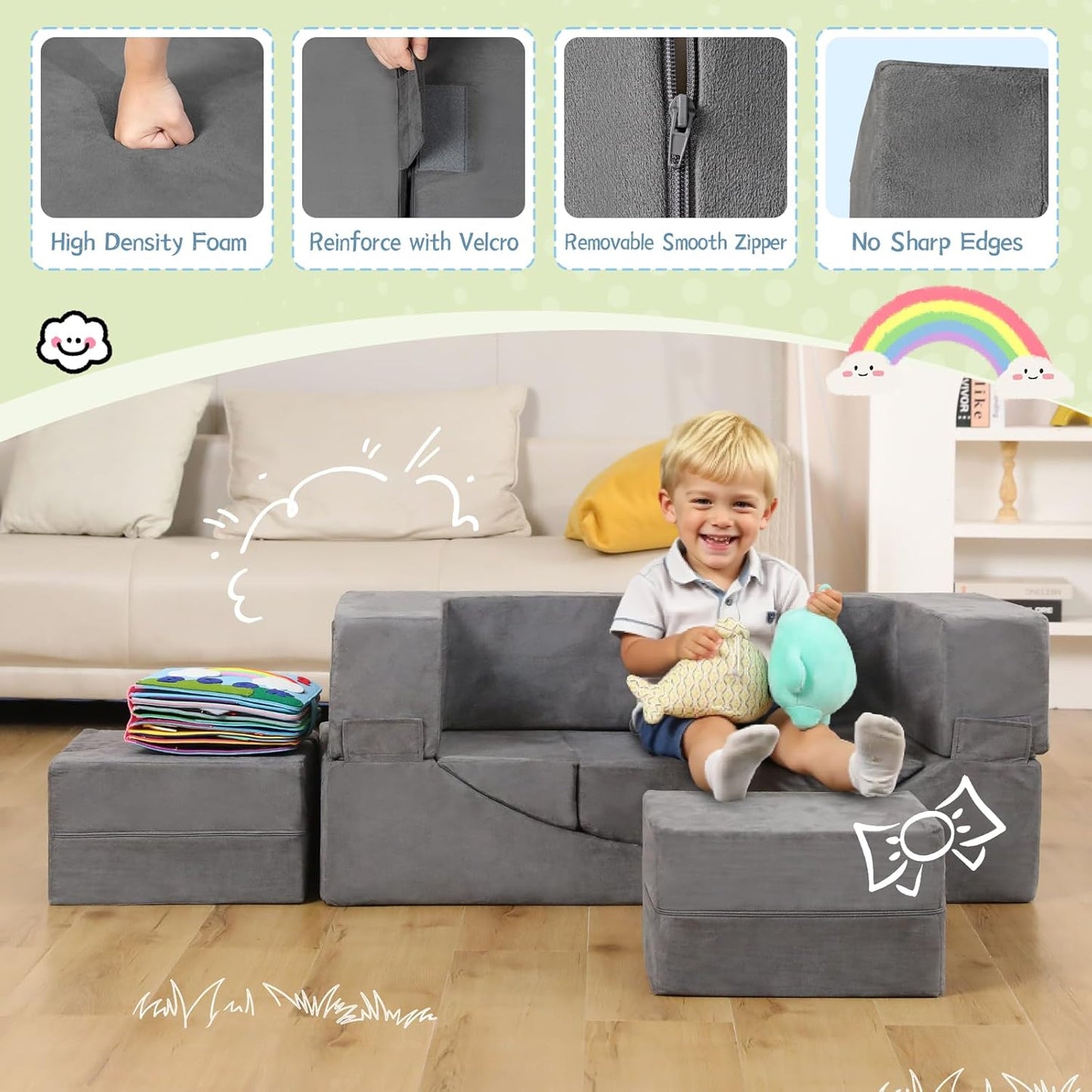 Modular Kids Play Couch, Kids Sofa Toddler Couch, Foam Play Set with Recliner, Toddler Sofa for Creative Boys & Girls, Convertible Foam Climbing Blocks