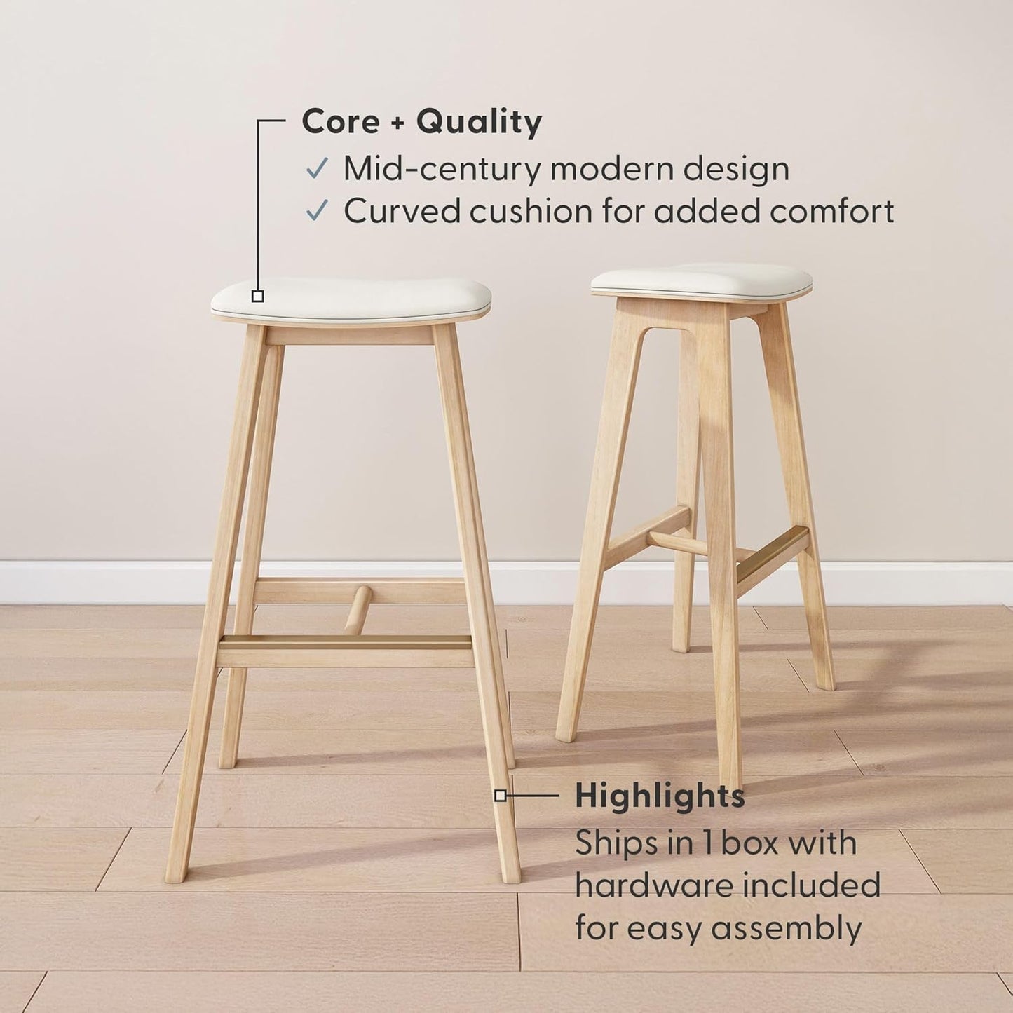 Plank+Beam Beryl Bar Height Stool - Mid-Century Modern Rubberwood Bar Stool with Faux Leather Seat, Metal Footrest, Easy Assembly, 2-Pack, Blonde/Sesame