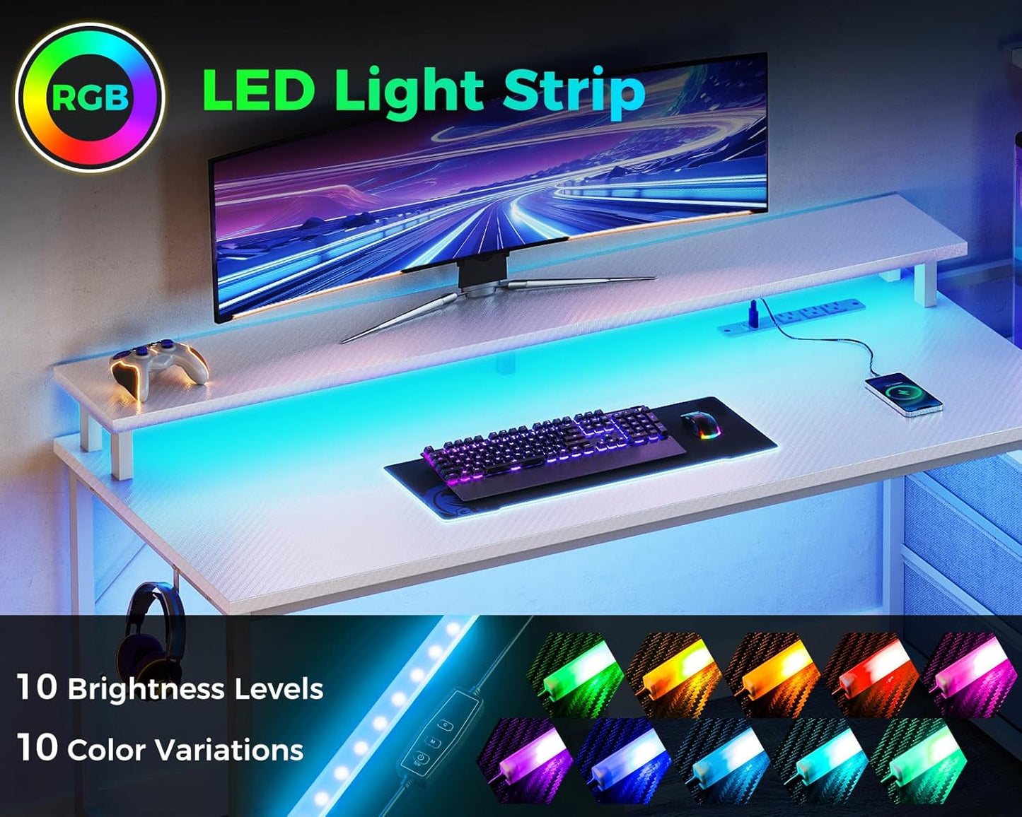 AODK 52 Inch Gaming Desk with USB Charging Ports & LED Light- Reversible Computer Desk with Storage Shelves & Monitor Stand, Modern Gamer Desk Table with Fabric Drawers & Side Hook, Carbon Fiber White