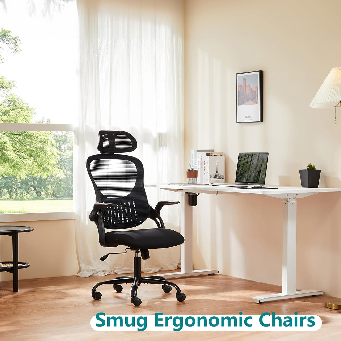 SMUG Office Chair Ergonomic Desk Lumbar Support, Computer Chairs Gaming Mesh with Wheels and Headrests, Flip-up Arm,Adjustable Position for Home, Work, Study, Black