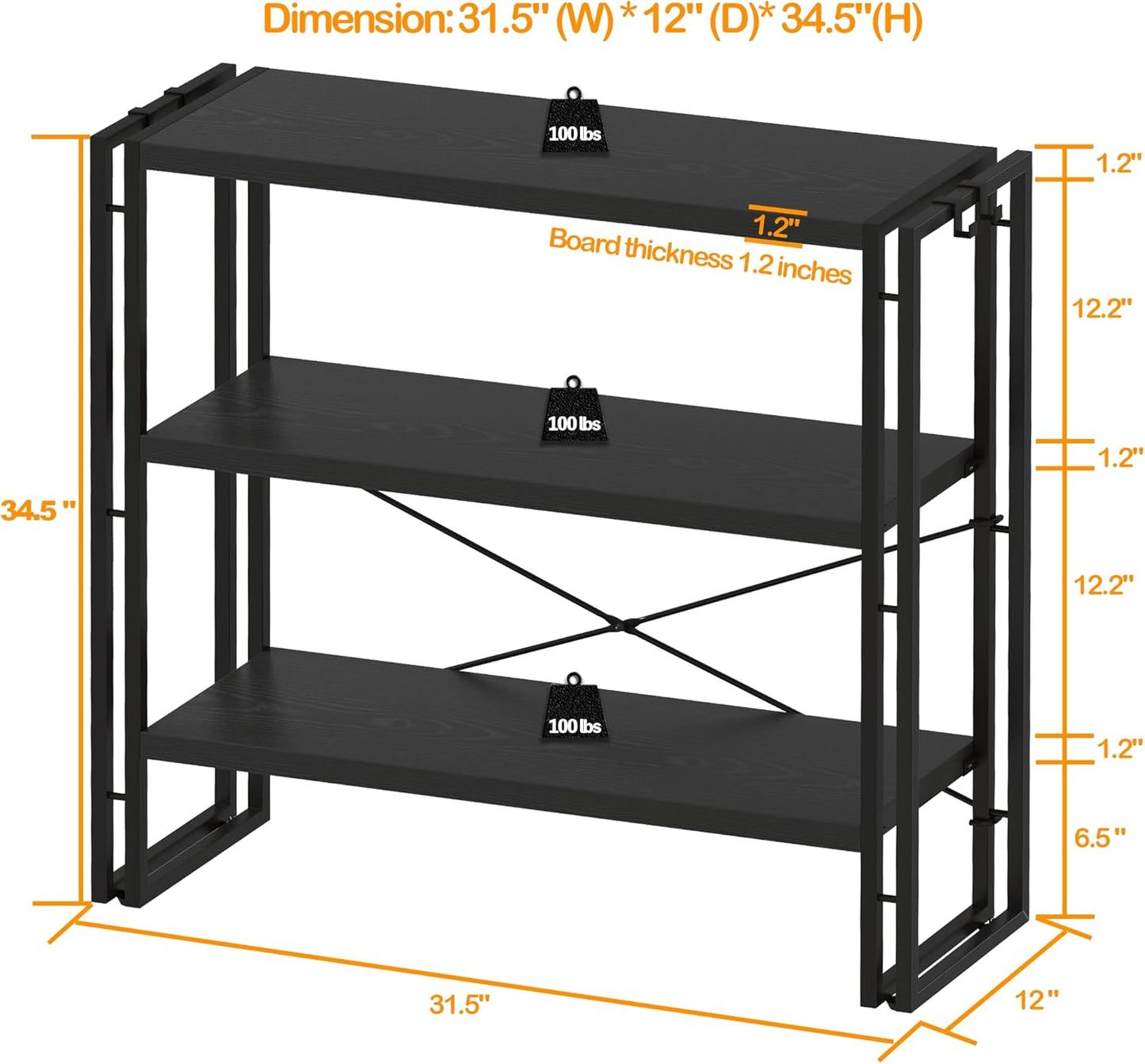 HCHQHS Bookshelf, 3-Tier Industrial Bookcase, Black Open Book Shelf, Freestanding Horizontal Bookshelves with Metal Frame
