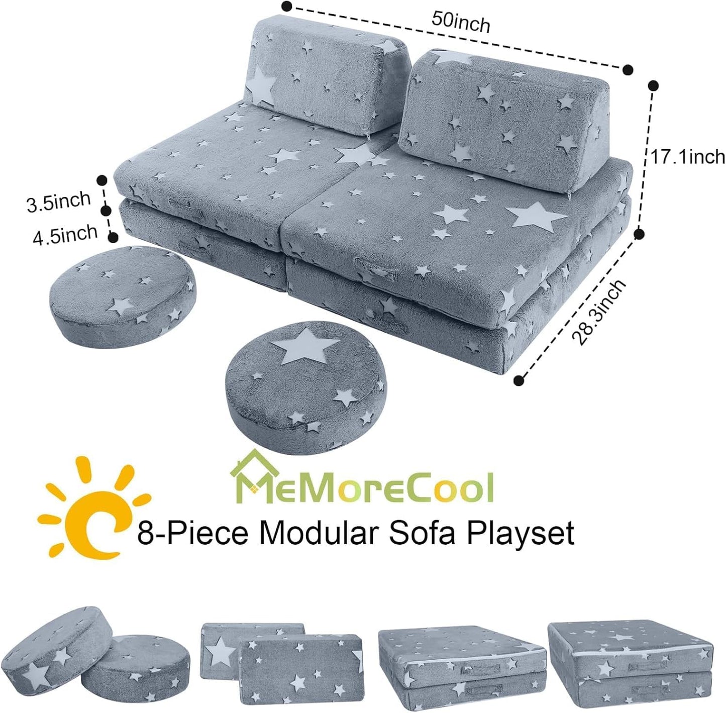 MeMoreCool 8-Piece Kids Modular Play Couch — Glow-in-The-Dark Star Foam Sofa Set for Toddlers, Convertible Fort Building & Climbing Furniture with Washable Covers, Playroom & Indoor Activity Set