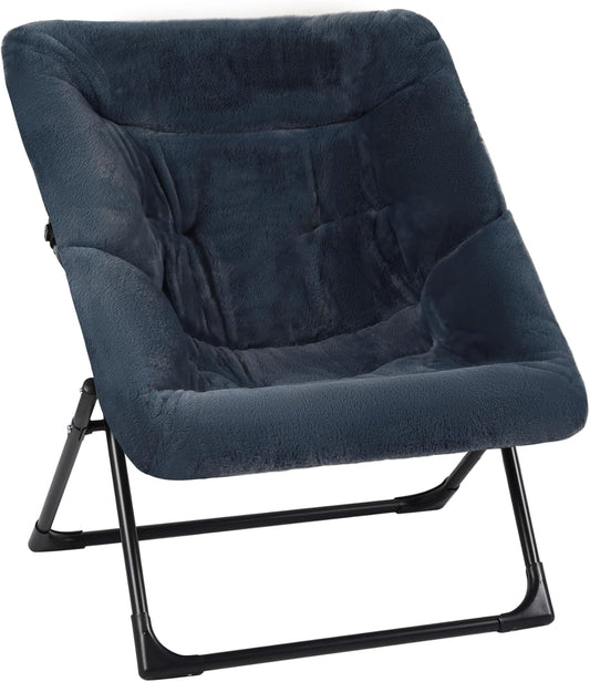Comfy Saucer Chair for Adults, Soft Faux Fur Bedroom Chair, Accent Dorm Chairs, Flexible Living Room Reading Chairs, Oversized Folding Lounge Seat for Teens, X-Large, Navy Blue