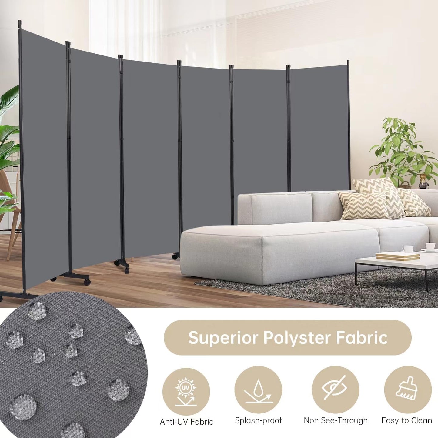 Room Divider 6 Panel Room Dividers/Wheels, Fabric Room Divider Panel for Office Room Partitions and Dividers, Portable Partition Wall Divider for Room Separation, Privacy Screen