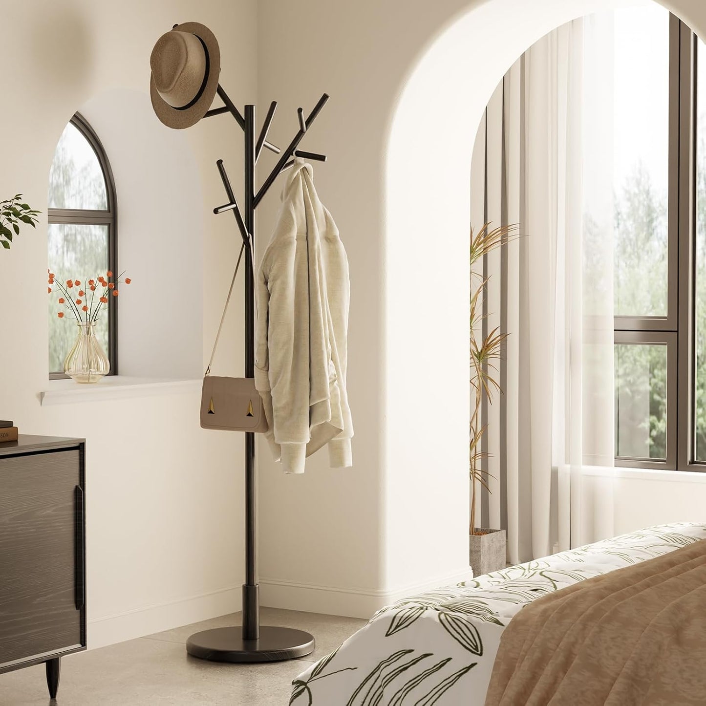 Coat Rack, Solid Wood Coat Rack Freestanding with 12 Hooks, Coat tree freestanding 3 Adjustable Heights for coat, Hats, Handbags， Coat Stand for Entryway, Bedroom (Black)