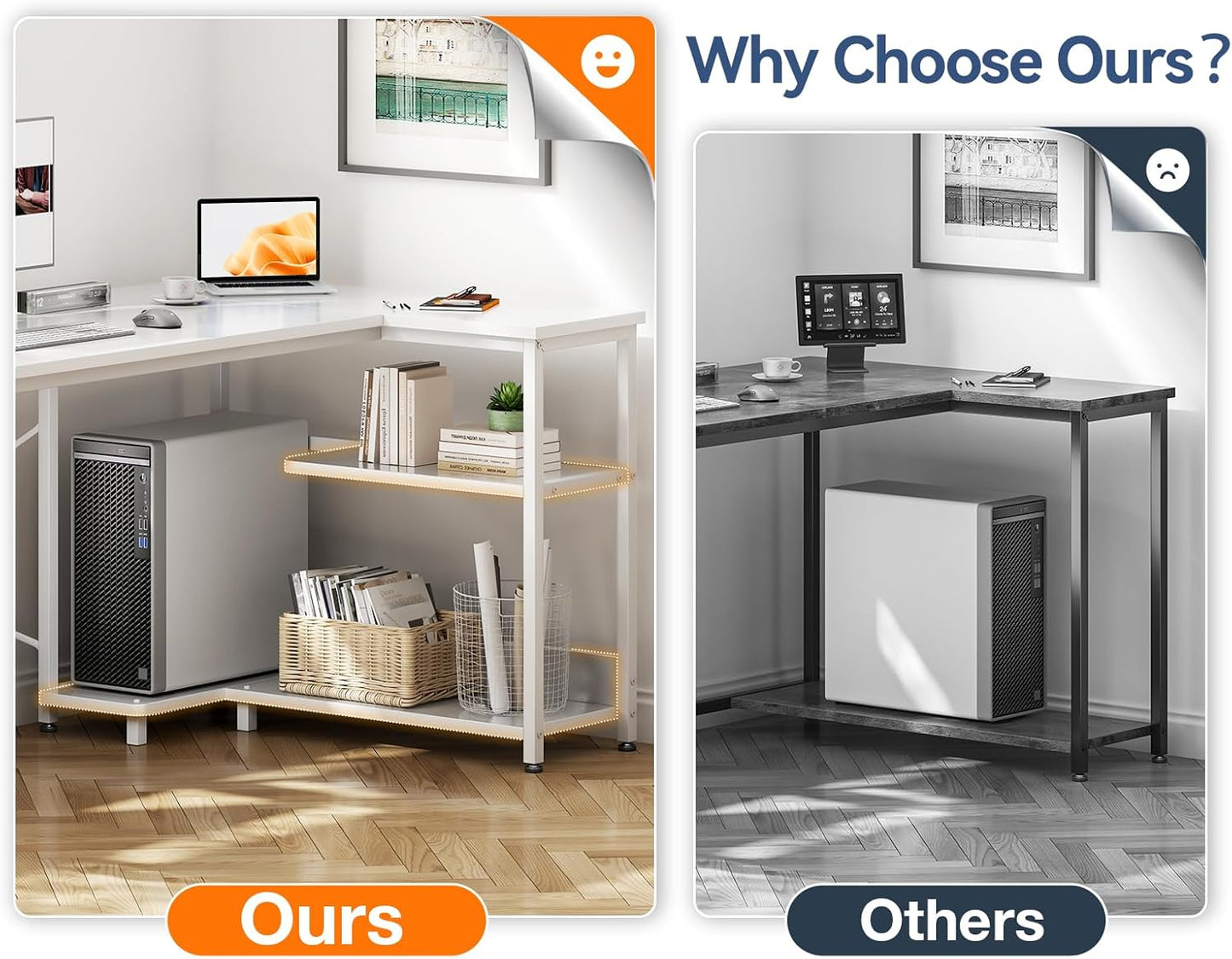 Casaottima L Shaped Computer Desk, 55 Inch Small Corner Desk with Storage Shelves & PC Stand, Reversible Gaming Desk for Bedroom, Modern Writing Study Table for Home Office, White