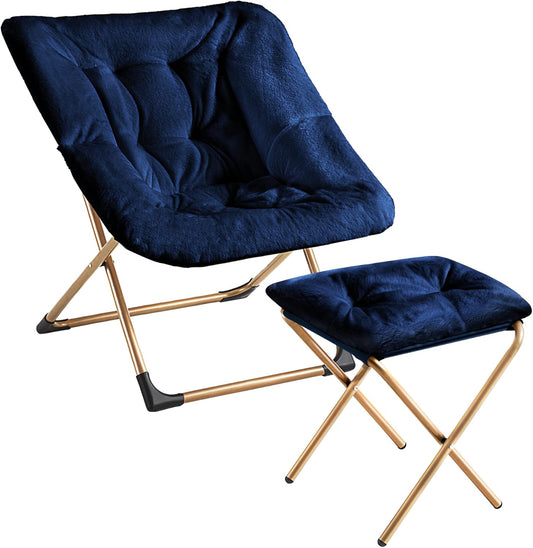 Comfy Oversized Saucer Chair with Ottoman,Soft Faux Fur Reading Lounge Chair for Adults,Stable X-Large Metal Frame and Non-Slip Pad,Cozy Chair for Bedroom, Living Room, Dorm, Office, Blue