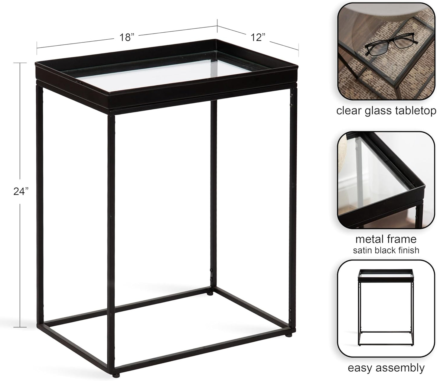 Kate and Laurel Lonsdale Modern Glass Narrow End Table; 18 x 12 x 24; Clear Glass and Black; Decorative Contemporary Glass and Metal Side Table for Use as Bedroom Nightstand or Living Room Accent