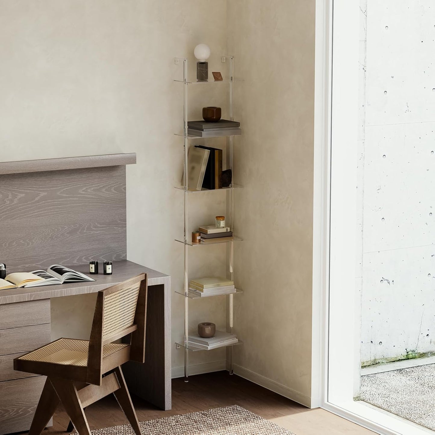 Small Acrylic Ladder Bookshelf, 9.5" D x 15.6" W, 6-Tier Clear Wall Mounted Book Shelf for Small Spaces, Multipurpose Bookcase for Living Room, Bathroom, Office, Modern, 86" H