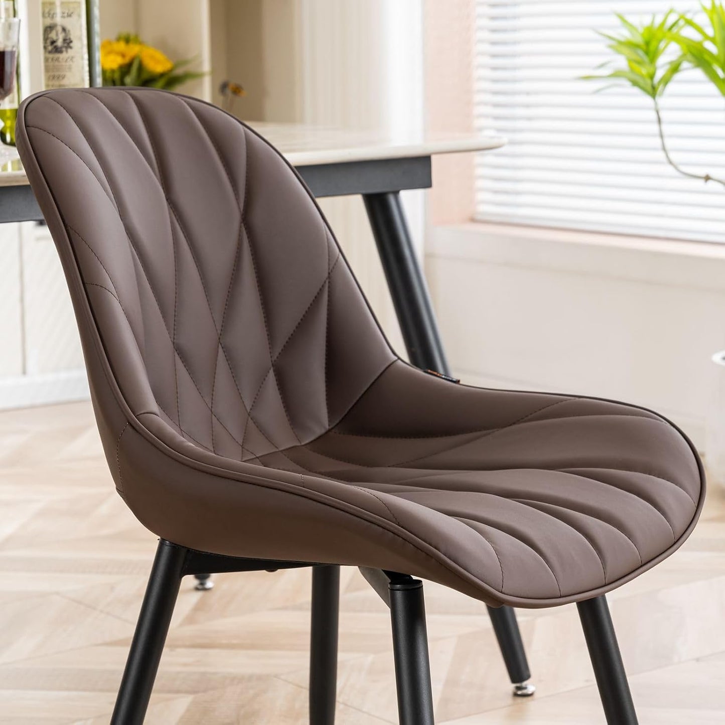 Rowill Modern Dining Chairs Set of 2 - Upholstered Faux Leather Kitchen Chairs with Soft Cushion Backrest, Sturdy Metal Legs & Non-Slip Pads, Perfectly Design for Home Dining Room, Kitchen, Brown