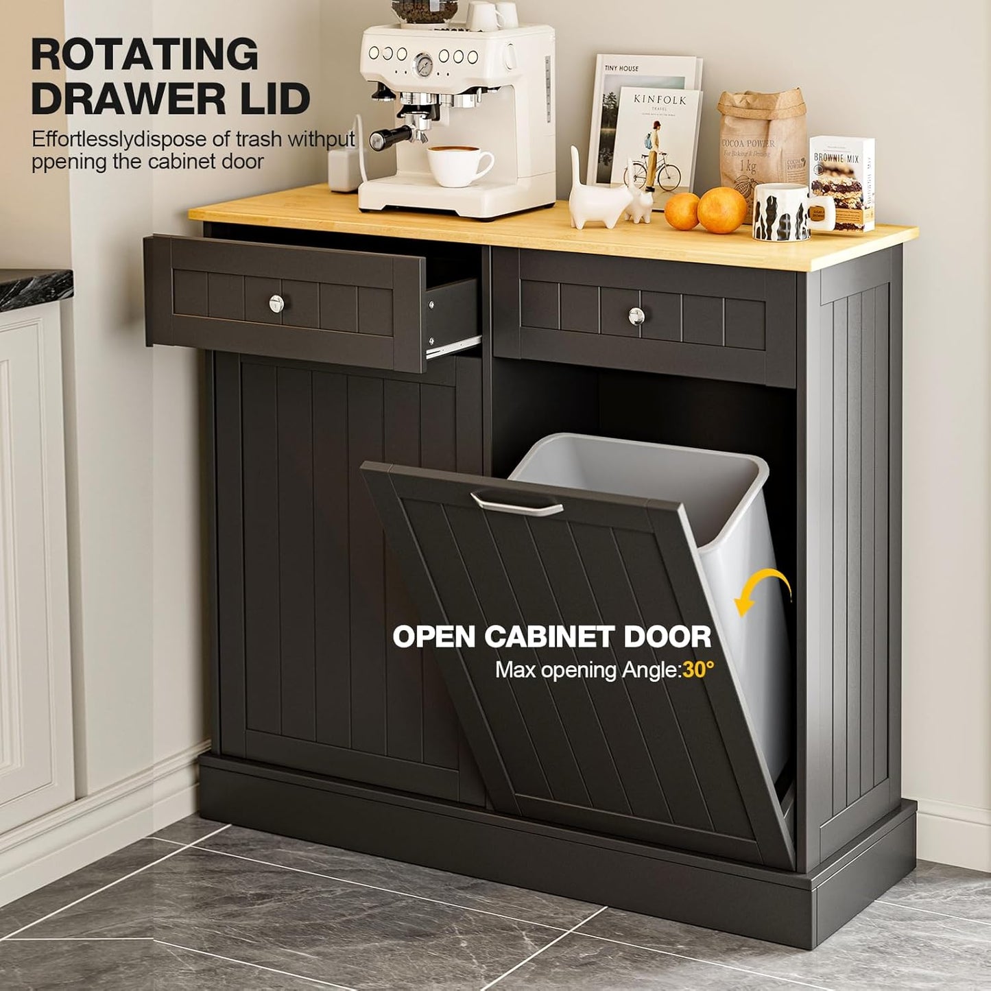 GAZHOME 20 Gallon Double Tilt Out Wooden Trash Cabinet with Charging Station, Upgrade Free Standing Recycling Cabinet with Outlet,Black