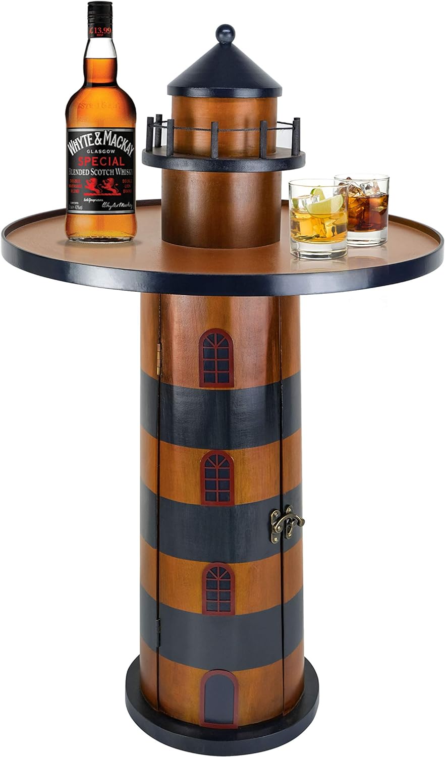 SAILINGSTORY Wooden Lighthouse Nautical Round Coffee Table Beach Coastal End Table Side Table with Storage