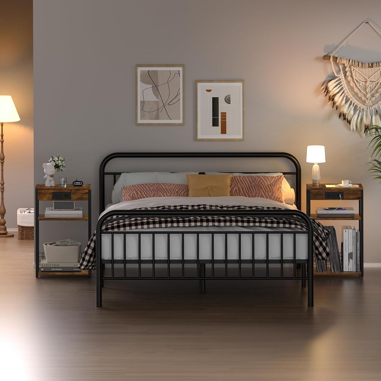 LELELINKY 3 Tier End Table with Charging Station, Brown Record Player Stand with Storage Up to 100 Albums Brown, Night Stand with USB Port, Nightstand for Small Spaces