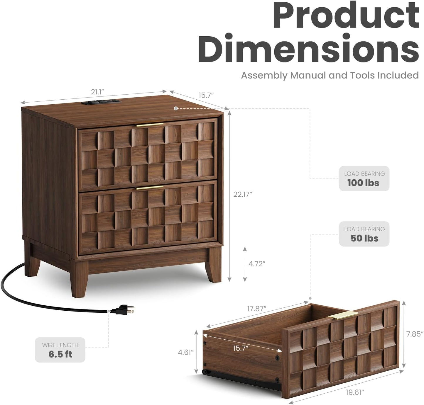 COLAMY Night Stand Set of 2, Nightstand with Charging Station, 22" Modern Bed Side Table with 2 Storage Drawers and Chessboard Relieffor Bedroom, Dorm and Small Spaces - Walnut