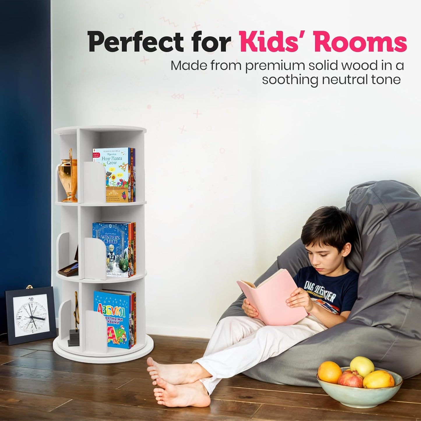 Rotating Kids Bookshelf – 3-Tier 360° Spinning Bookcase Tower, Solid Pine Wood, 12 Cubbies, Toddler Bookshelf Organizer & Lazy-Susan Storage for Nursery, Classroom or Playroom (White Finish)