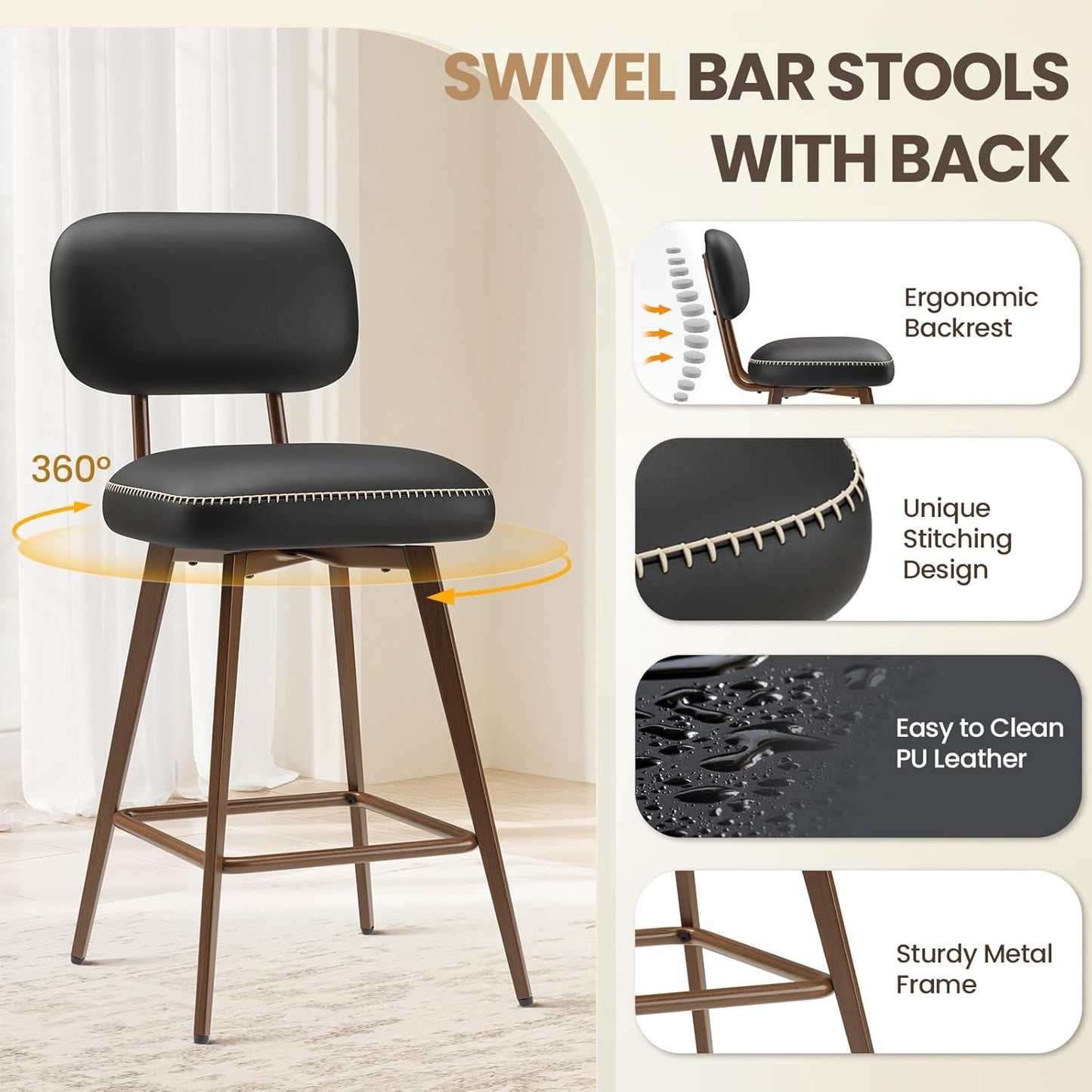 Swivel Bar Stools Set of 4, Mid Century PU Leather Counter Height Bar Chairs with Low Back and Metal Legs, Modern Bar Stool Chair for Kitchen Island, Black