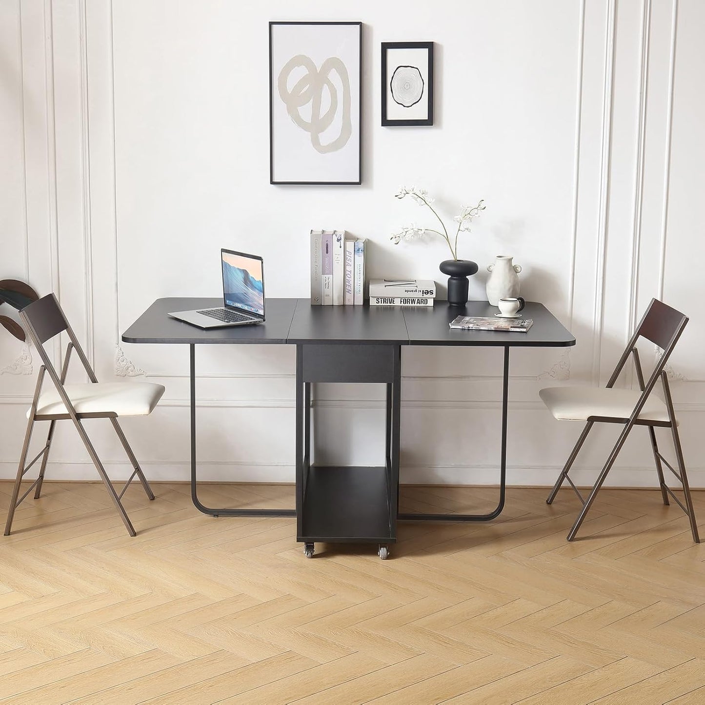 Folding table and chair set, dining table with extra large storage space and 4 universal wheels, matched with padded steel frame folding chairs, space-saving dining table and 2 chairs (White)