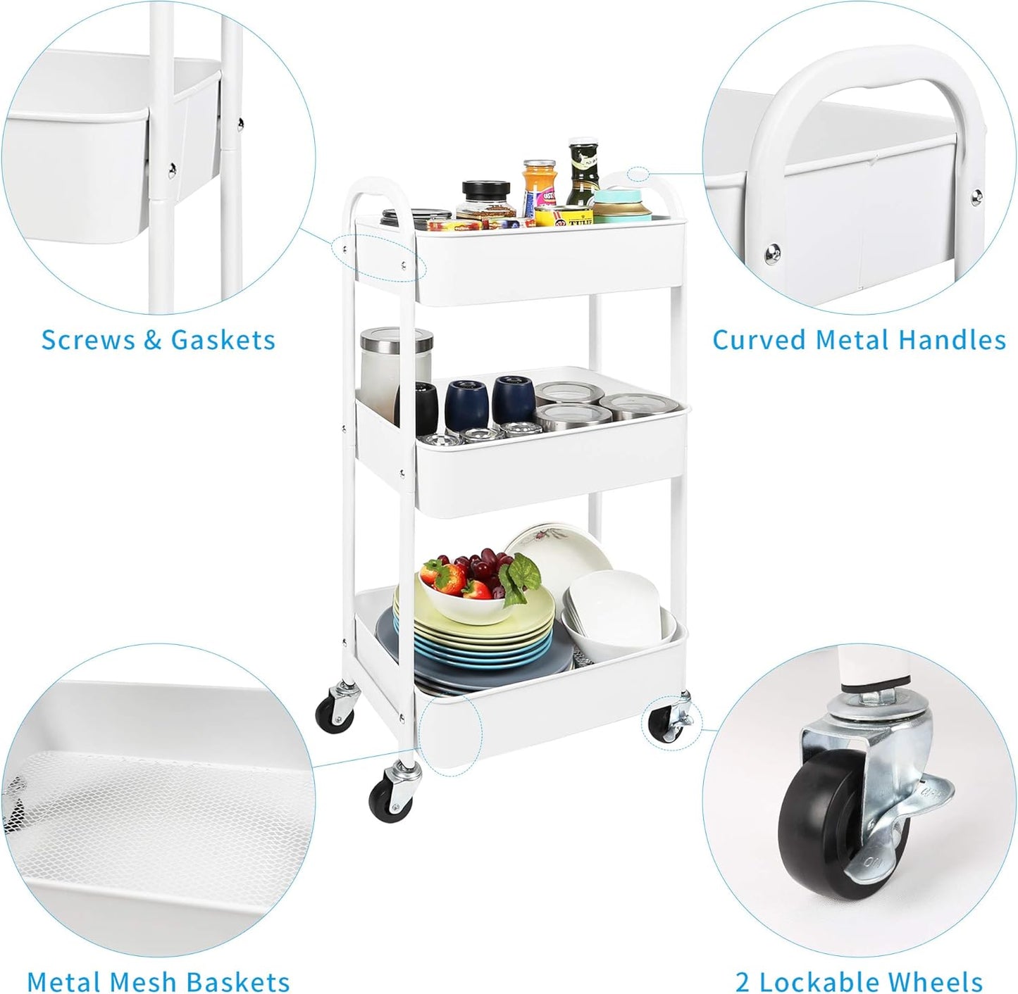 MAX Houser 3-Tier Rolling Utility Cart with Caster Wheels,Easy Assembly, for Kitchen, Bathroom (White)