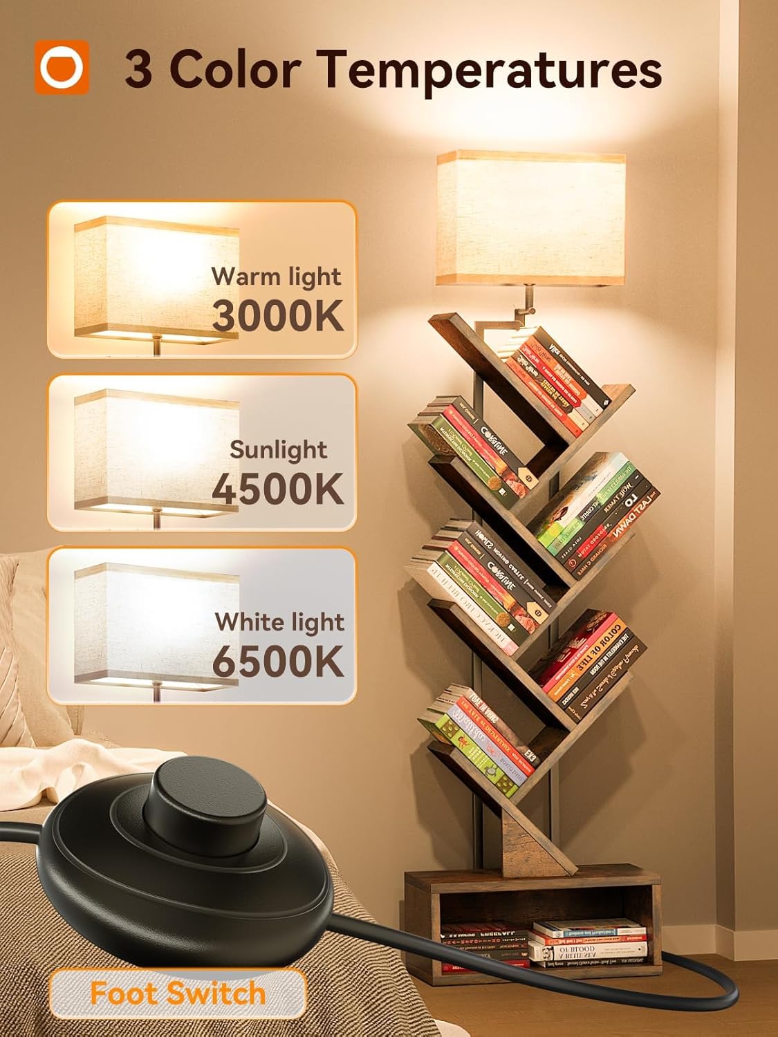 addlon 6-Tier Tree Bookshelf, Steel&Wood Corner Shelf with 3CCT Bulb,Small Book Shelf for Bedroom, Home Office&Living Room-Rustic Brown