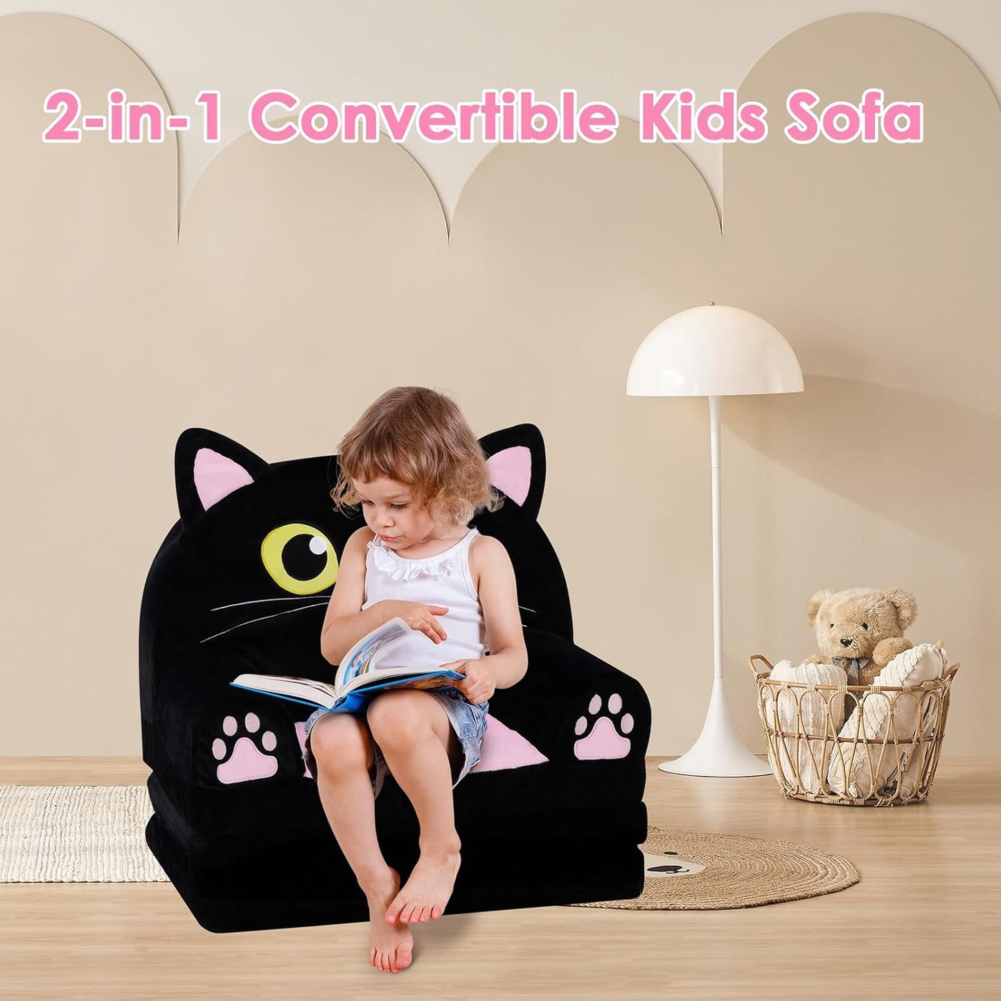 Kids Couch Comfy Foldable Kids Sofa to Lounger 2 in 1 Toddler Chair Plush Baby Sleeper Chair for Playing and Napping, Birthday Gifts for Boys and Girls