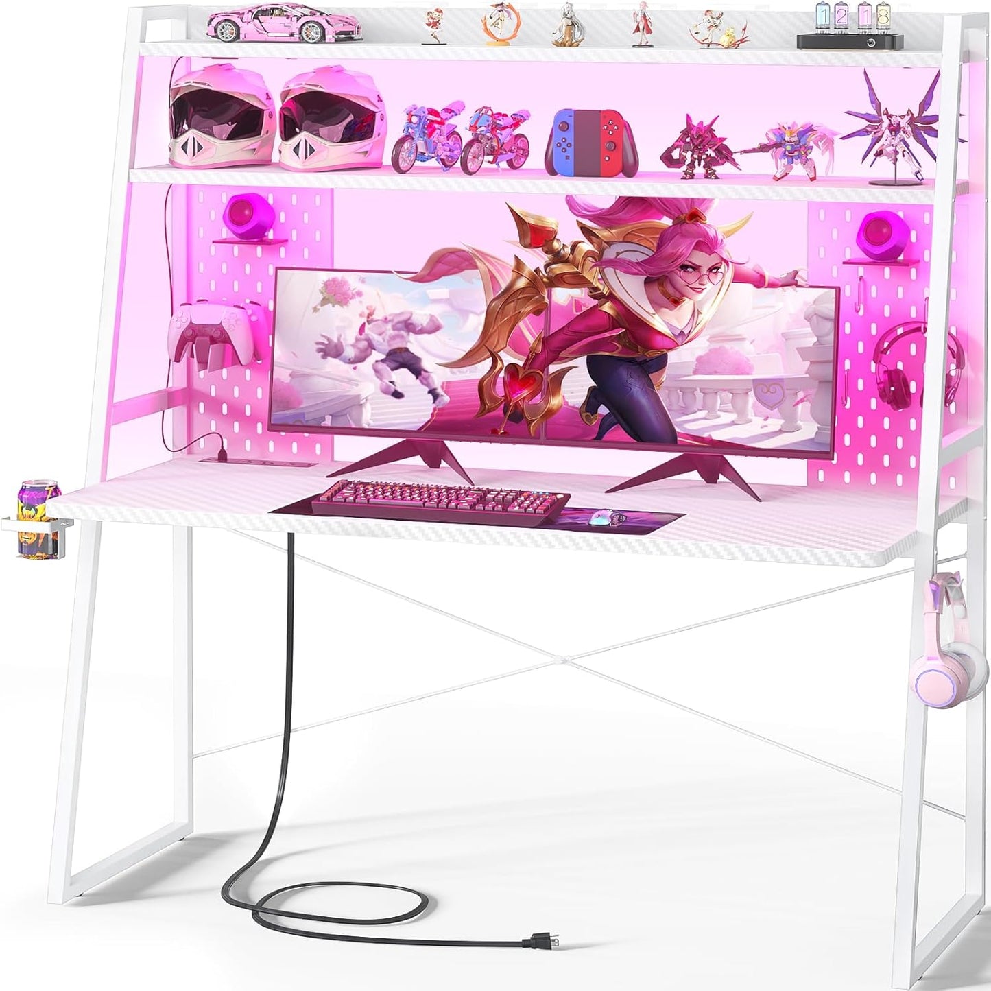 Gaming Desk with Hutch and LED Lights, Gaming Computer Desk with Power Outlets, Gamer Desk with Storage Shelves, PC Game Desk with Pegboards for Bedroom, Carbon Fiber White, 49"